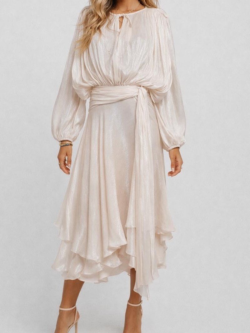 Chic Ruched Round Neck Waist Long Sleeves Maxi Dress