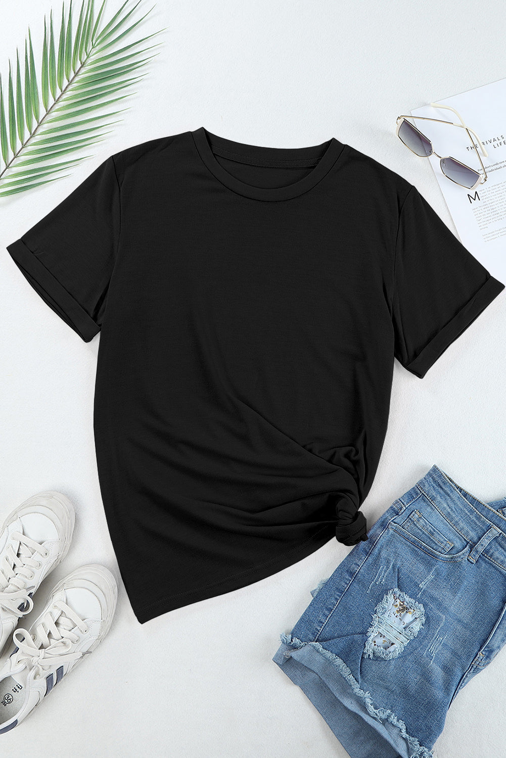 Black Casual Plain Crew Neck