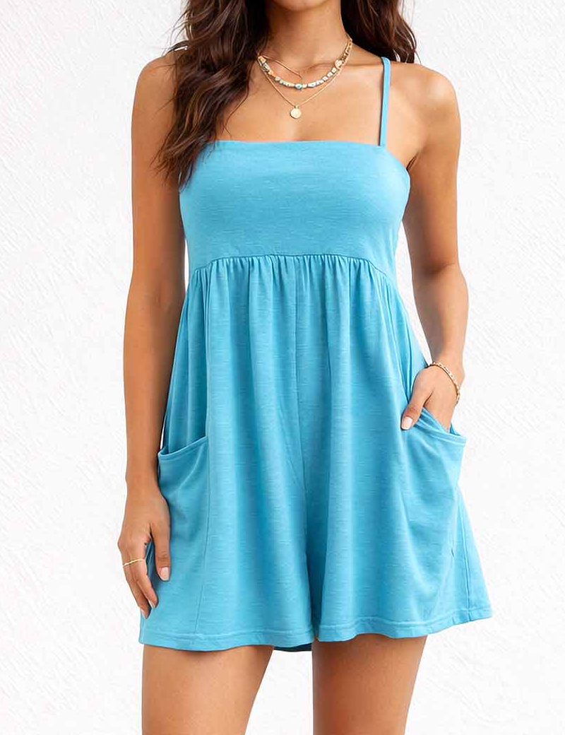 Chic Pocket Square Neck Spaghetti Strap Wide Leg Romper