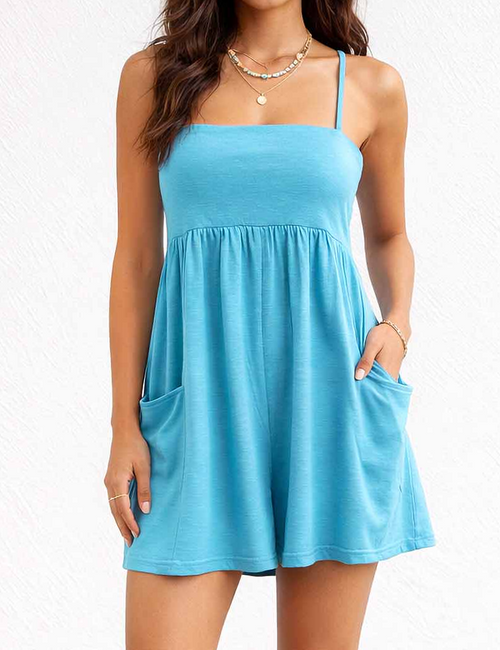 Chic Pocket Square Neck Spaghetti Strap Wide Leg Romper