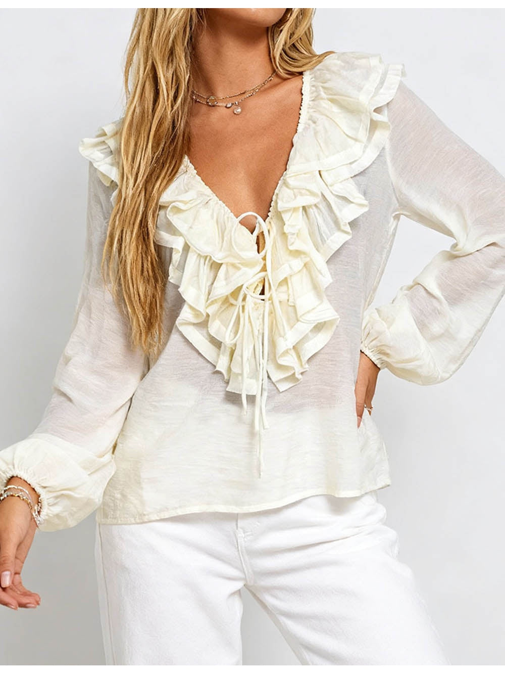 Boho Tiered Ruffle V Neck Front Blouse