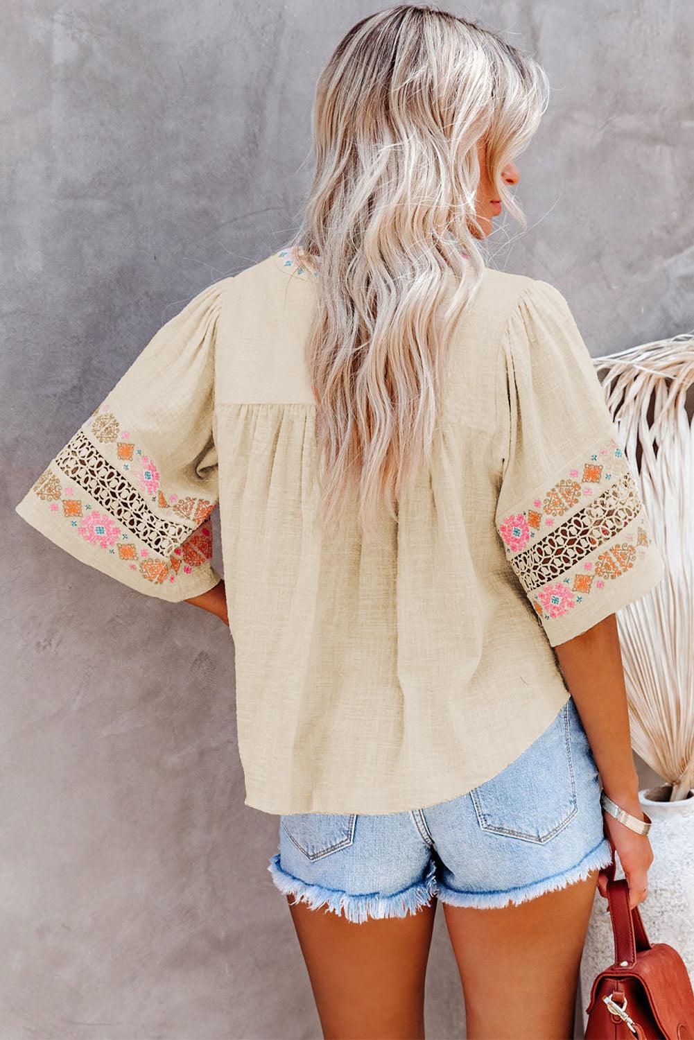 Beige Tassel Drawstring Embroidered Half
