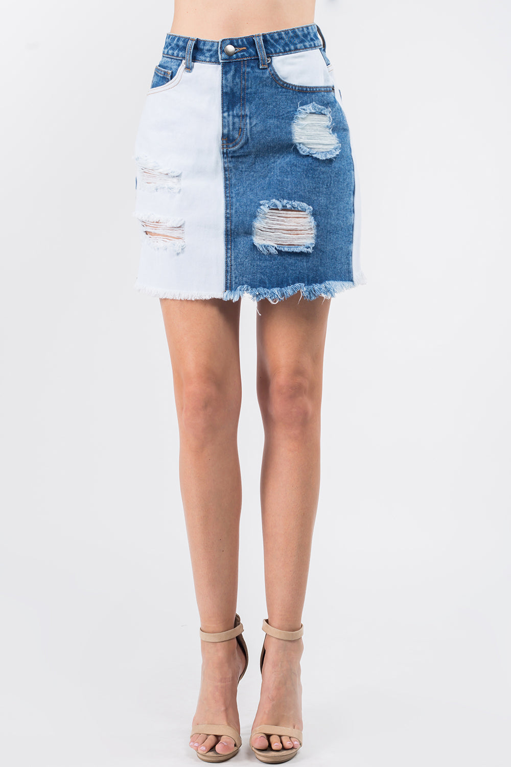 Contrast Patched Frayed Denim Skirt