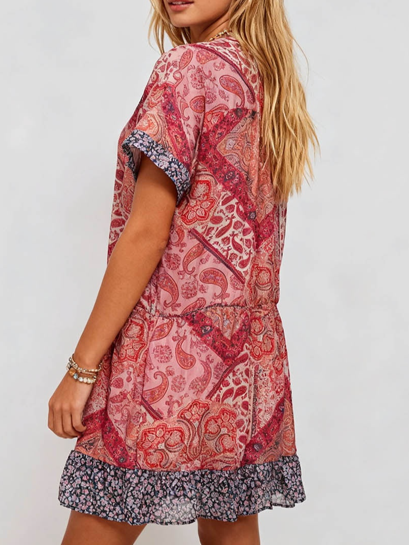 Boho Abstract V Neck Short Sleeves Mini Dress