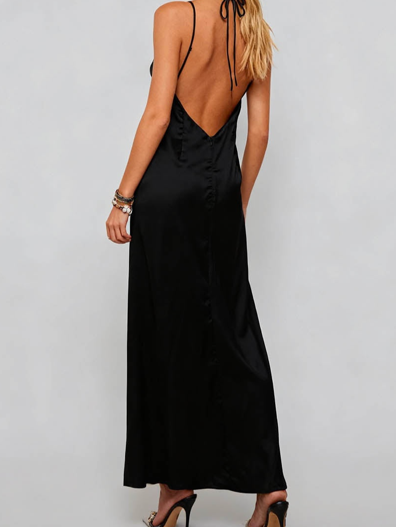 Lace Panel Halter Neck Backless Maxi Dress
