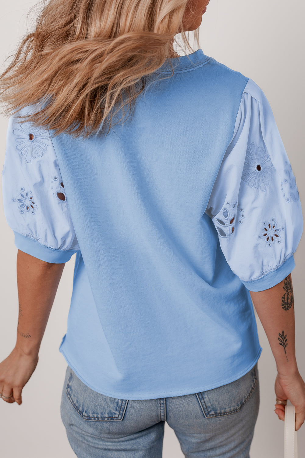 Blue Eyelet Flower Embroidered Puff Short Sleeve Patchwork Crew Neck Blouse