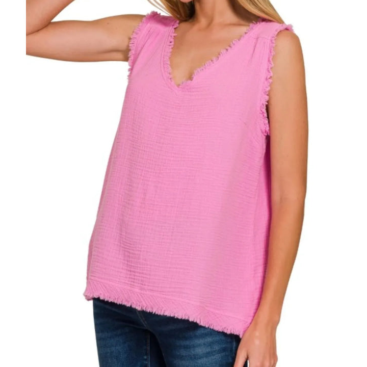 Soft Double Gauze Raw Edge V Neck Tank