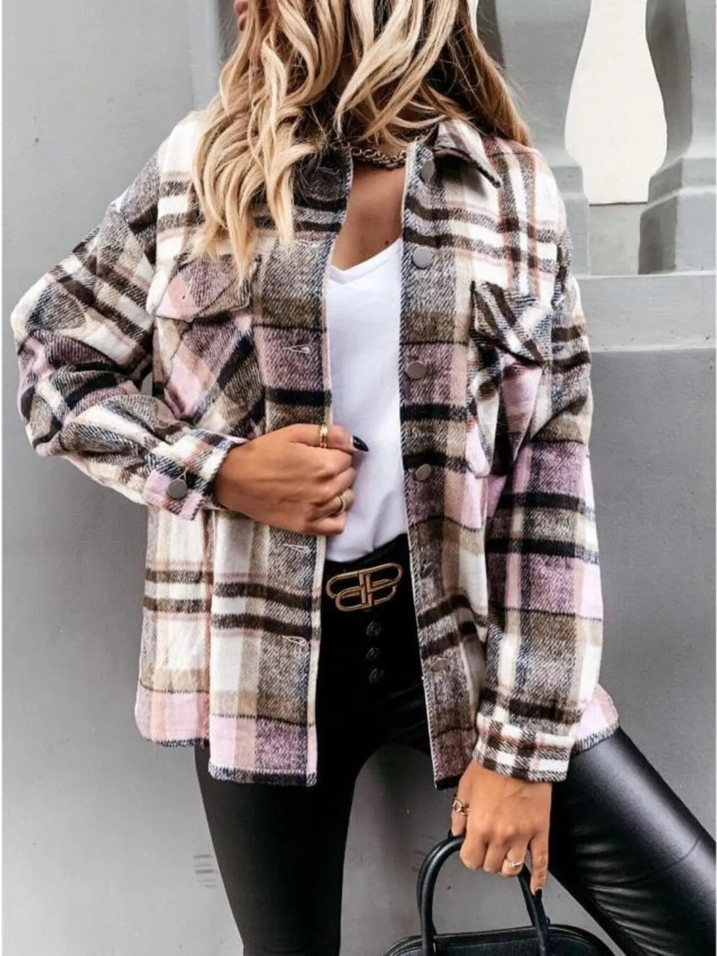 Plaid Button Down Long Sleeve Shacket Jacket