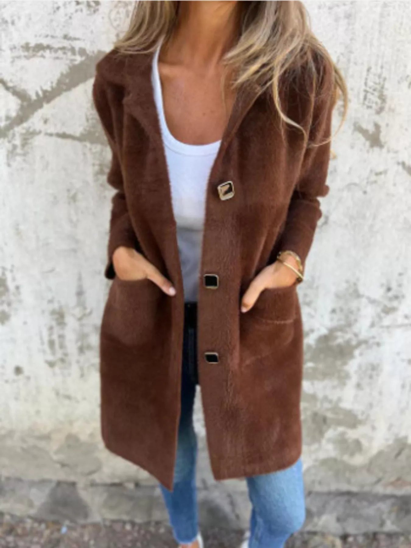 Full Size Button Down Long Sleeve Longline Coat Plus Size Jacket