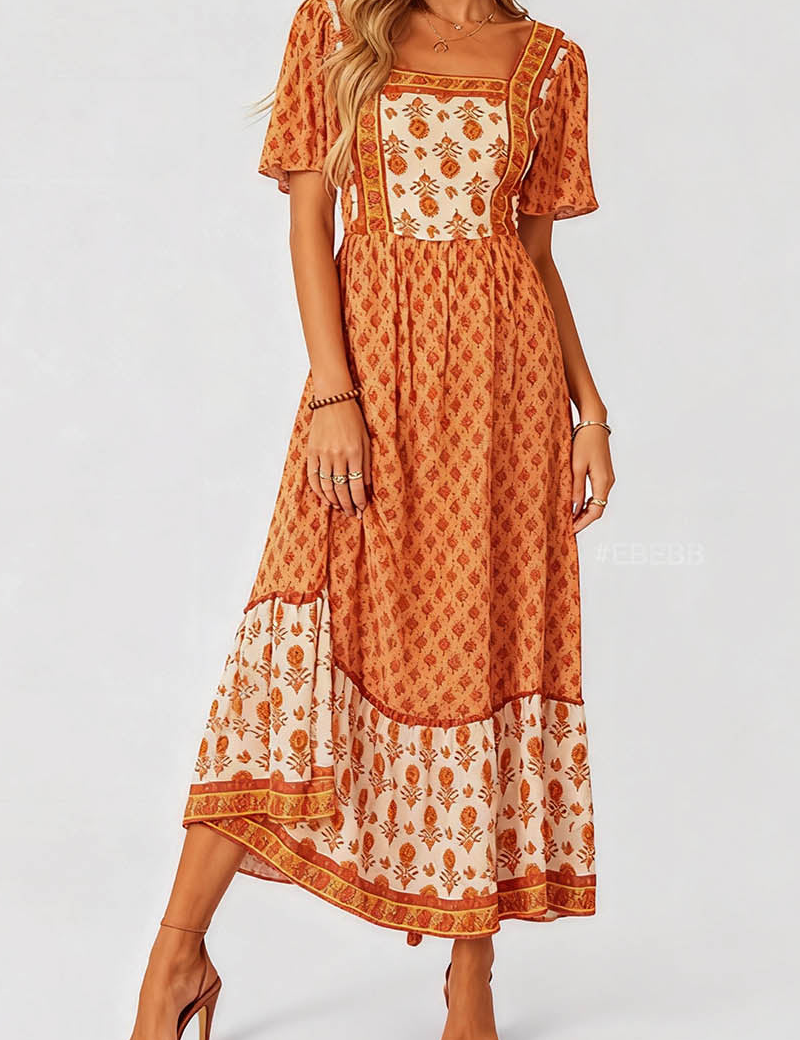 Boho Square Neck Short Sleeves Maxi Dress