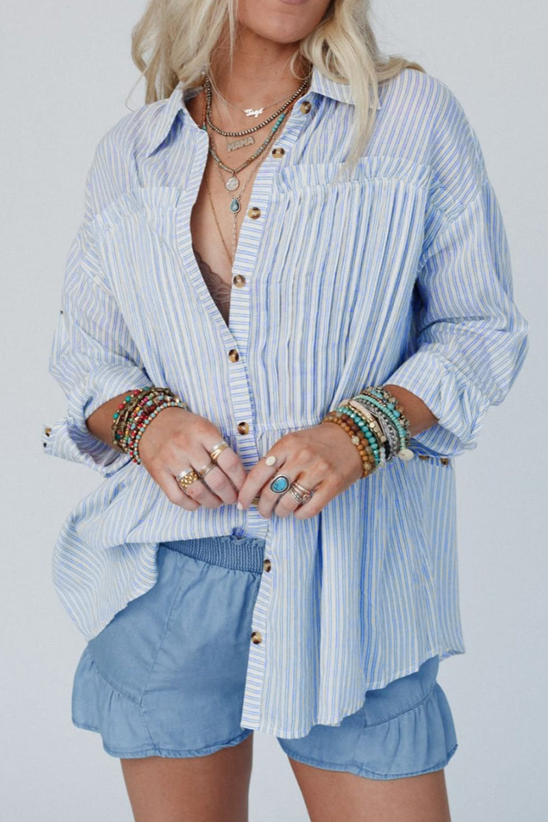 Everyday Striped Long Sleeve Button Front Shirt Blouse