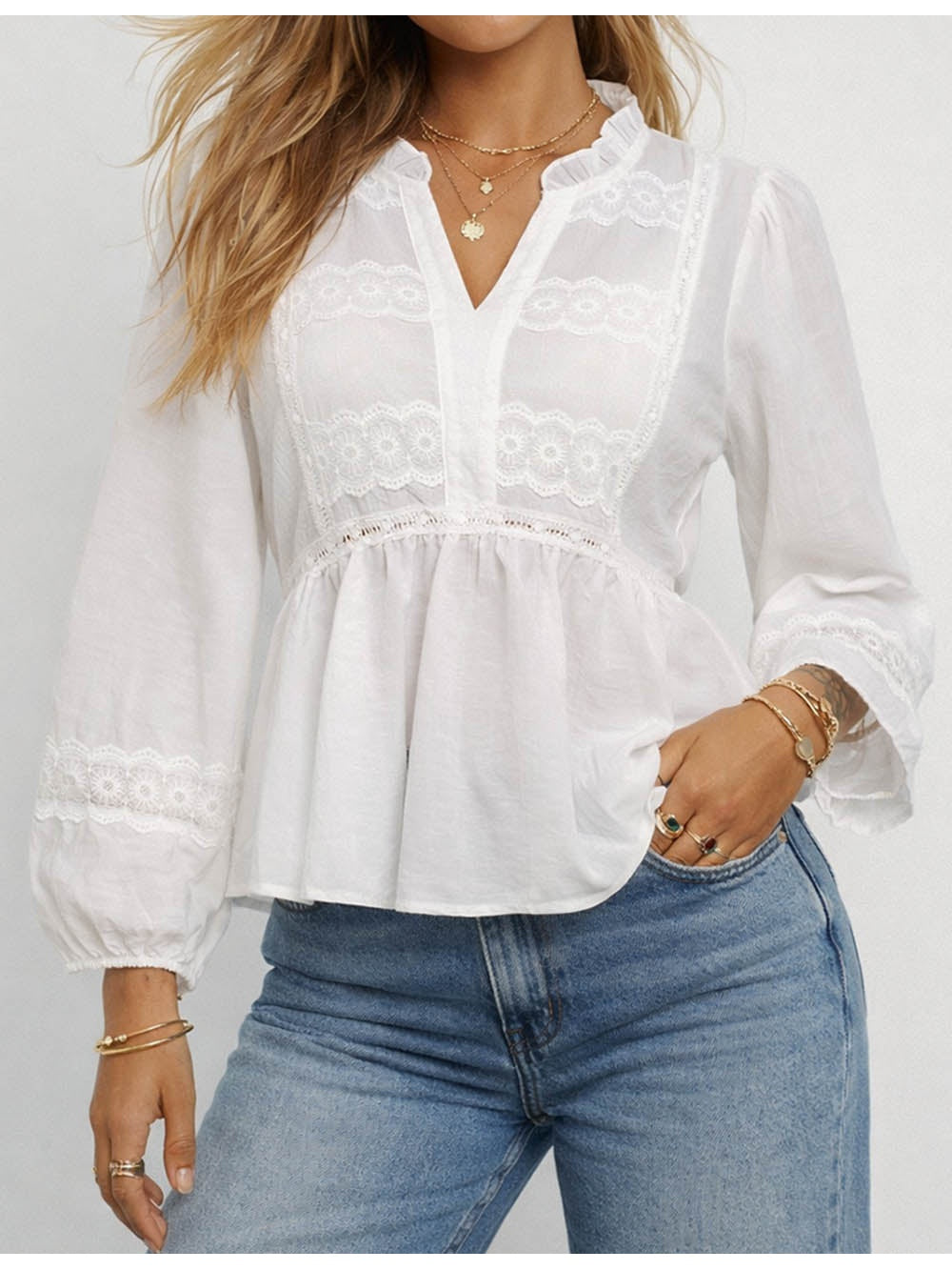 Lace Embroidery Panel Ruffle V Neck Long Sleeve Blouse