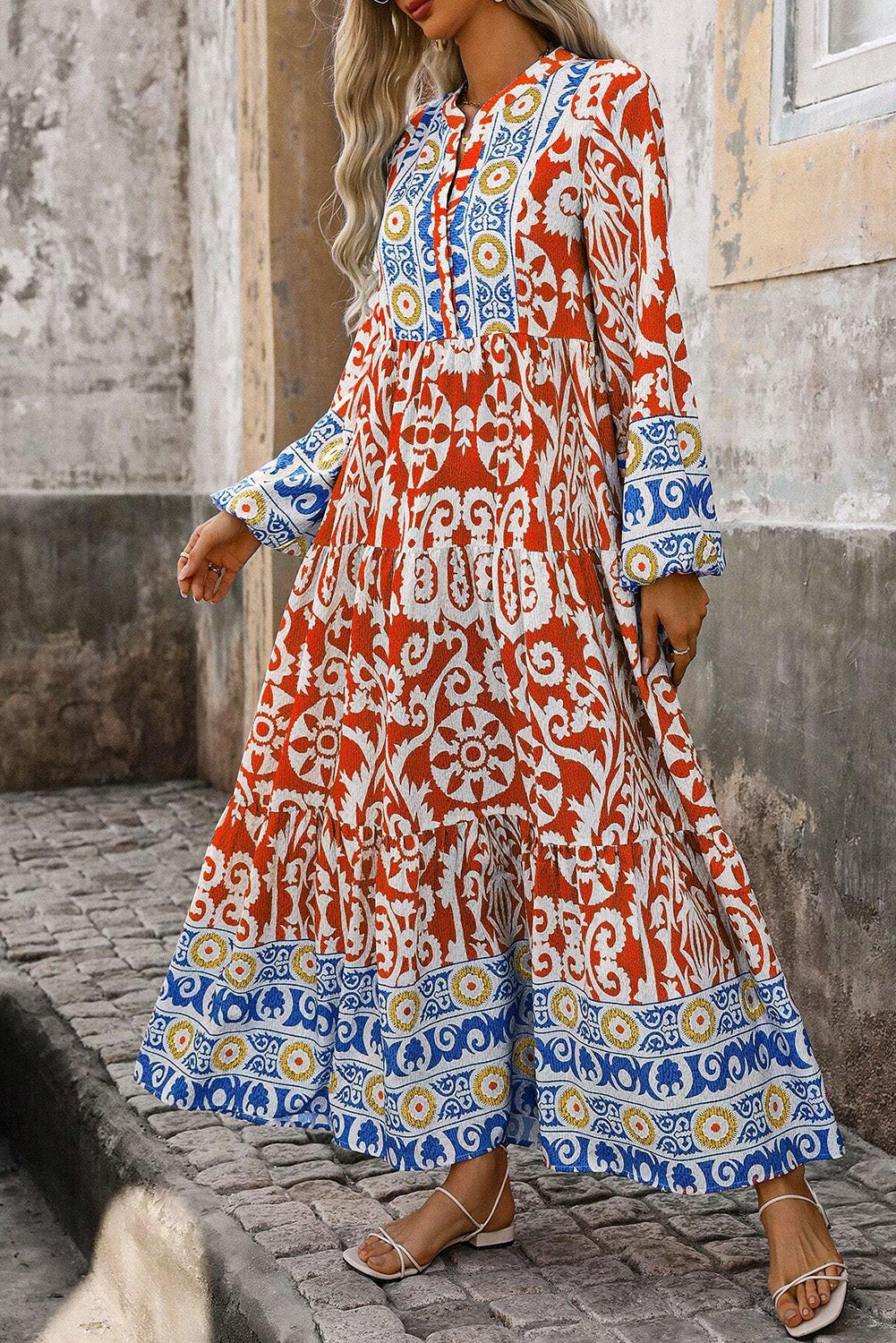 Boho Geometric Printed Long Sleeve Maxi Dress