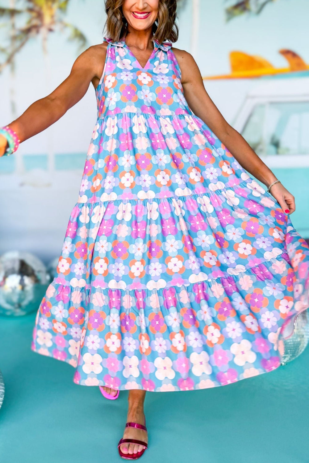 Sky Floral Print Frilly Neck Sleeveless Tiered Maxi Dress