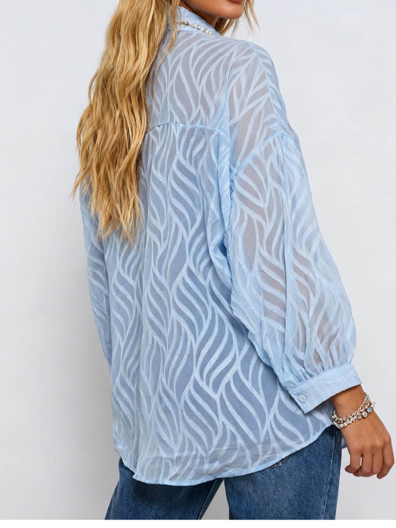 Chic Bead Shirt Collar Lantern Sleeves Jacquard Blouse