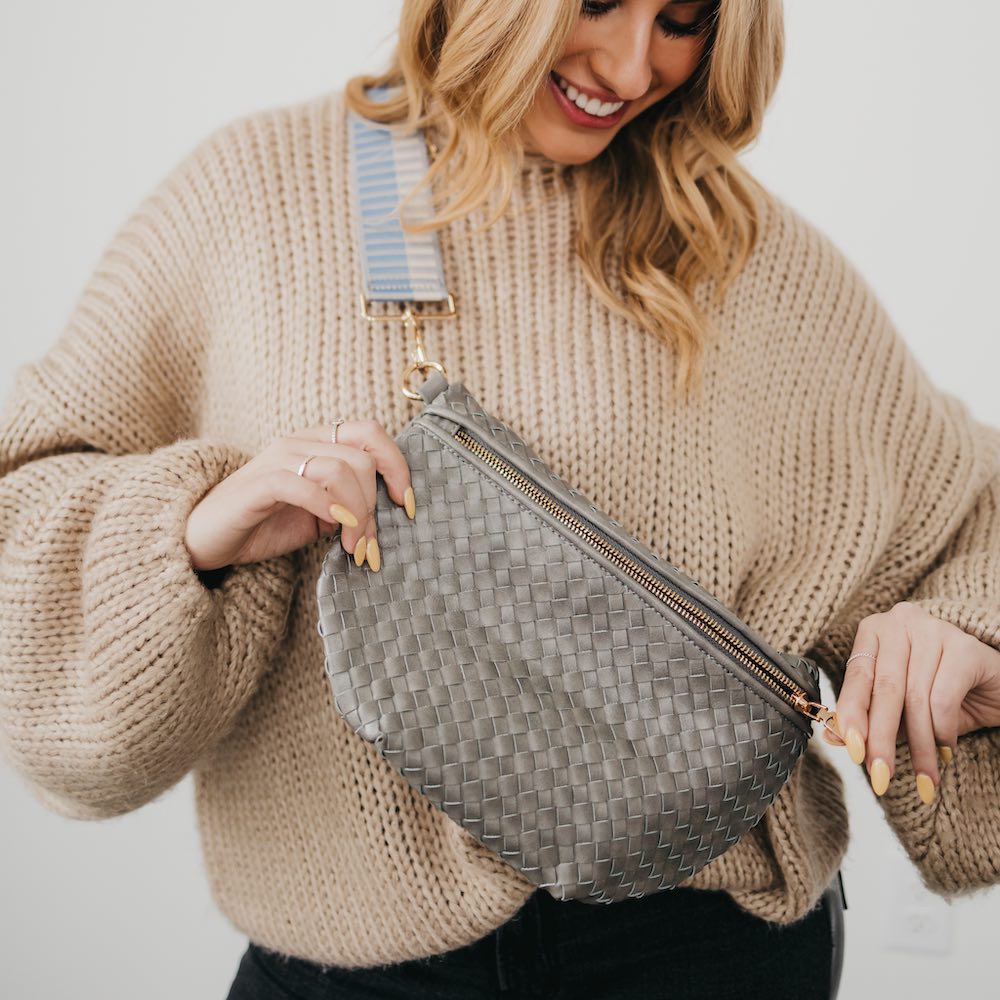 Woven Faux Leather Zip Crossbody Bag
