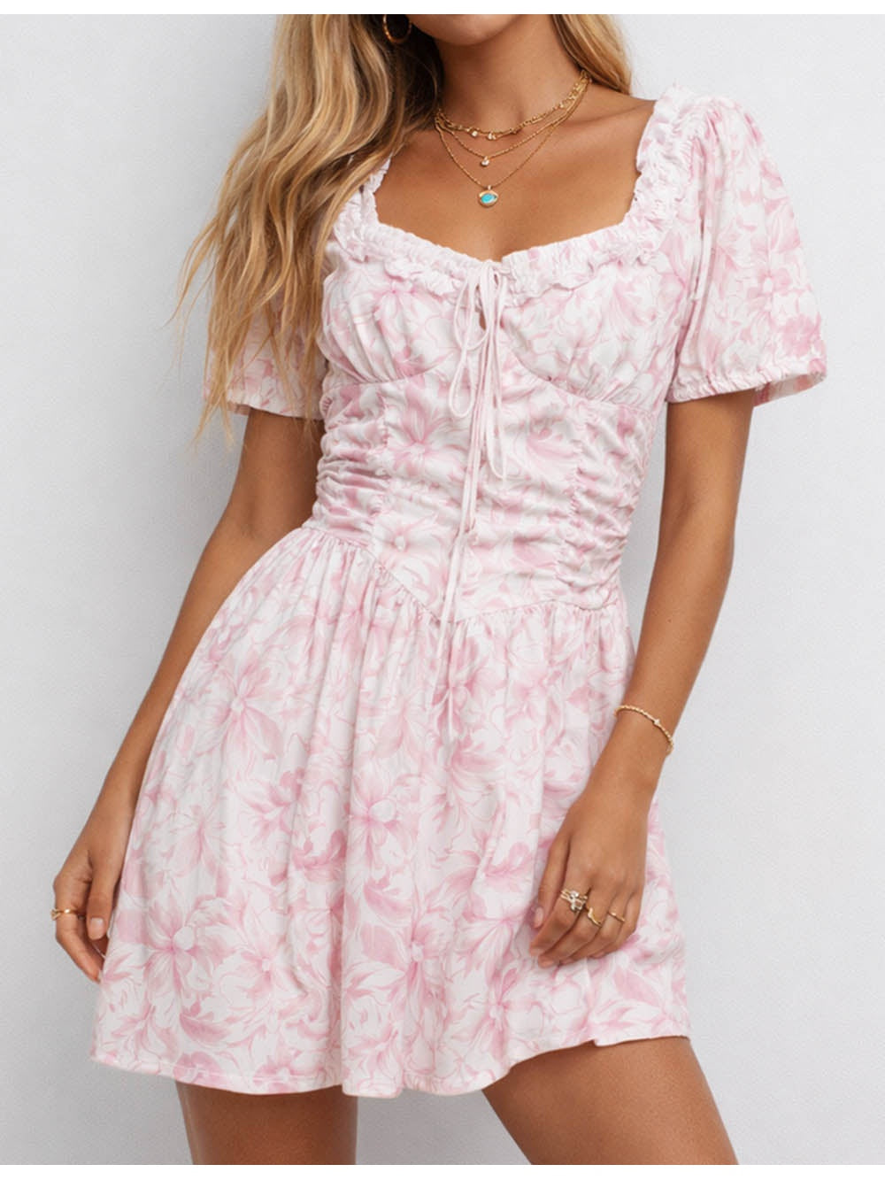 Romantic Lace Trim Puff Sleeves Mini Dress