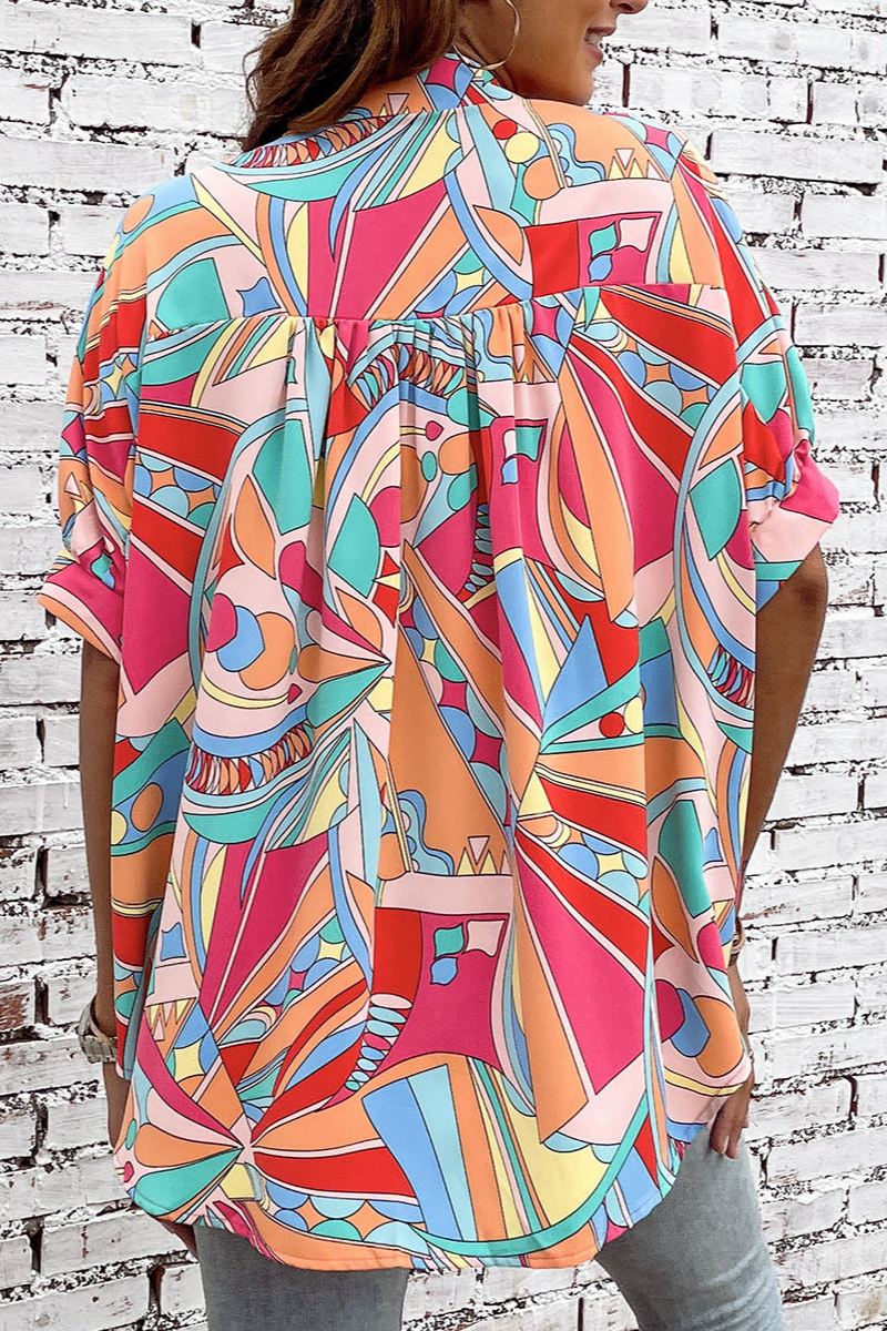 Abstract Print Puff Sleeve Relaxed Fit Shirt Blouse