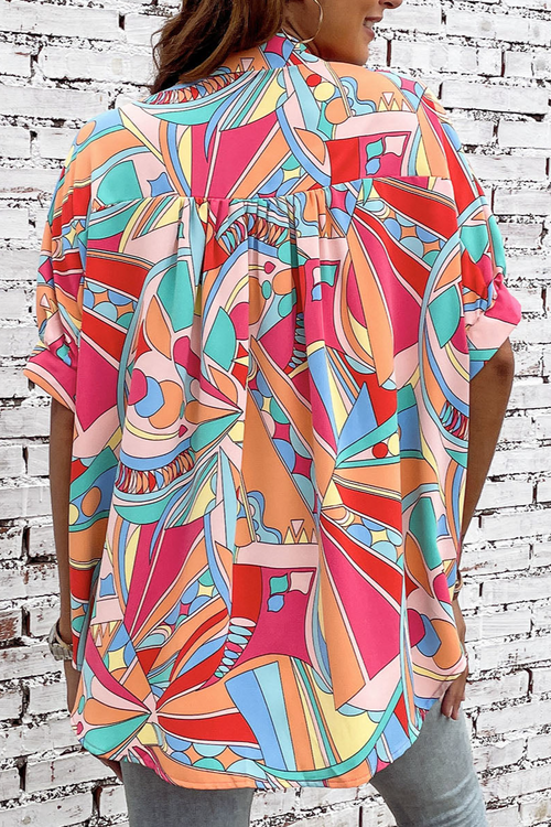 Abstract Print Puff Sleeve Relaxed Fit Shirt Blouse