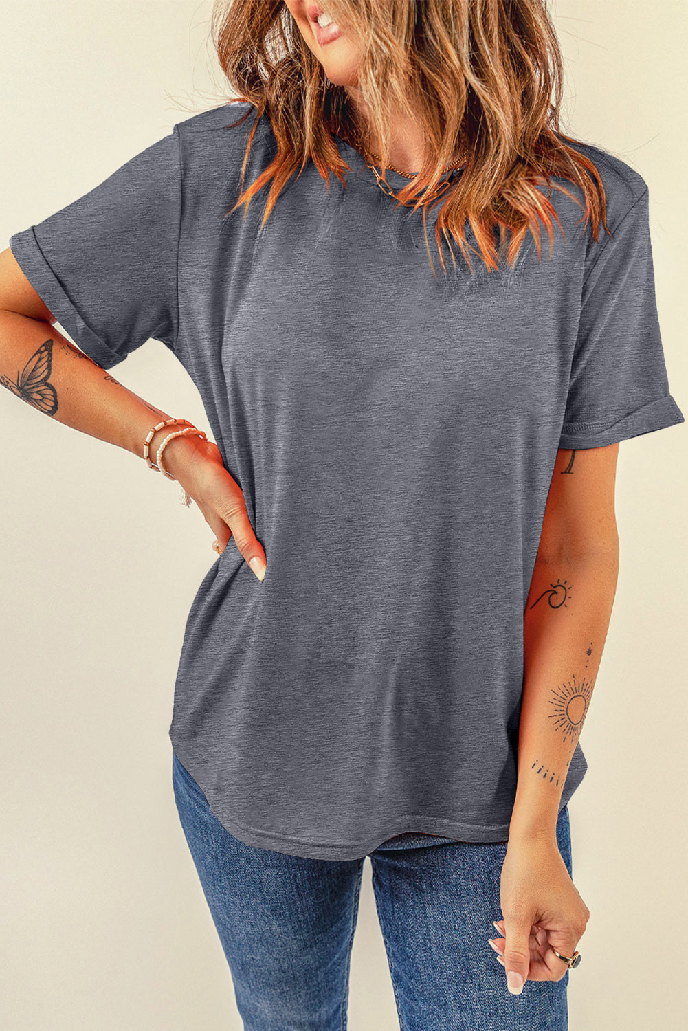 Gray Casual Plain Crew Neck
