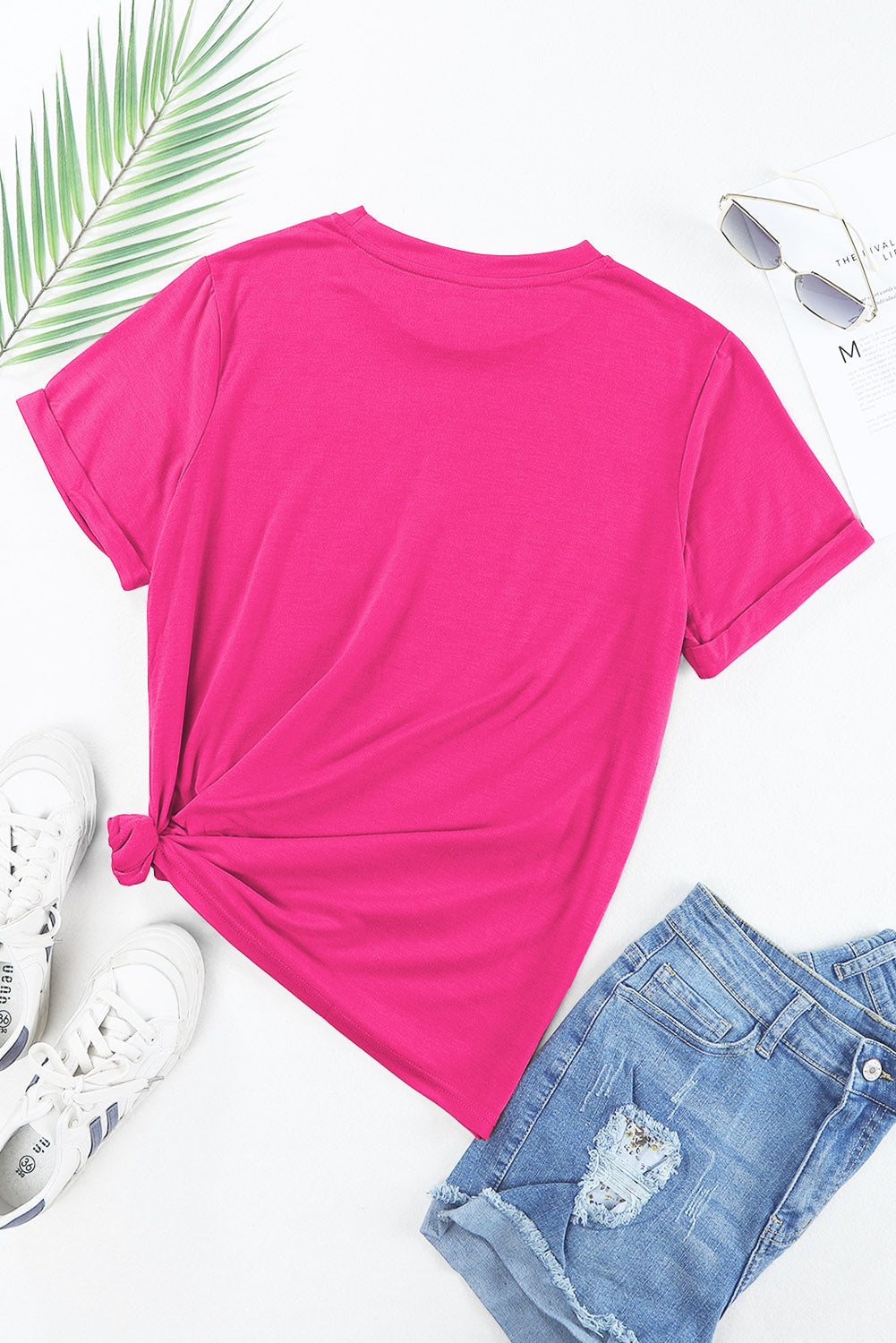 Rose Red Casual Plain Crew