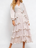 Pleated Ruffle Trim Lantern Sleeves Belted Maxi Dress