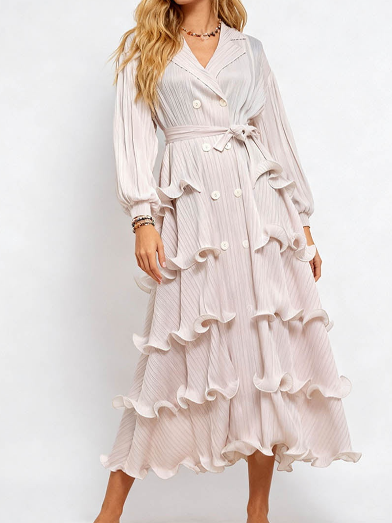 Pleated Ruffle Trim Lantern Sleeves Belted Maxi Dress