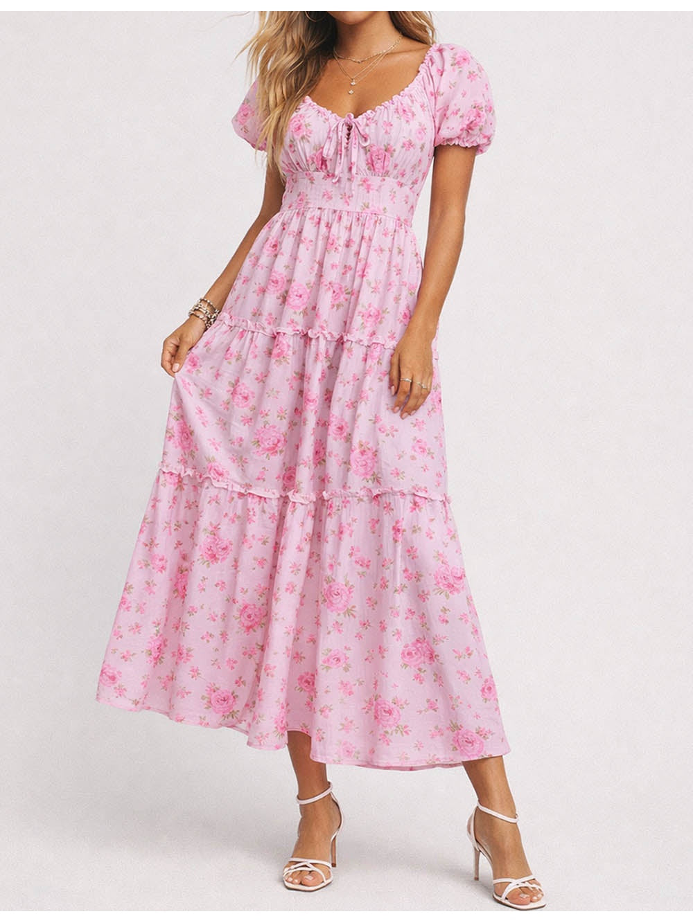 Boho Neck Puff Sleeves Maxi Dress