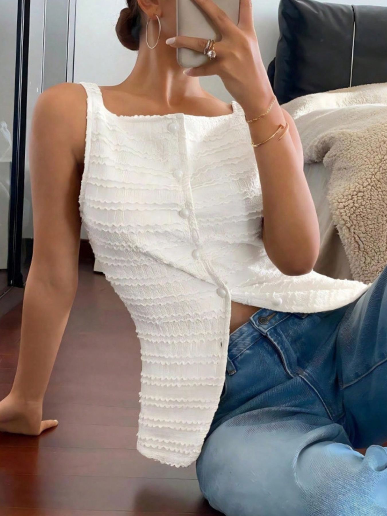 Textured Button Front Tank