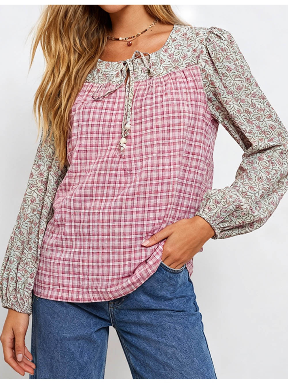 Boho Checked Front Long Sleeves Blouse