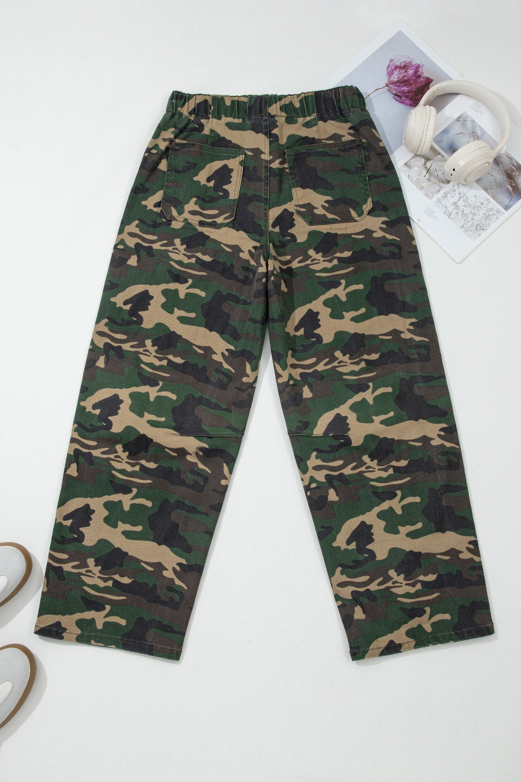 Barrel Drawstring Patch Pocket Print Camouflage Jeans