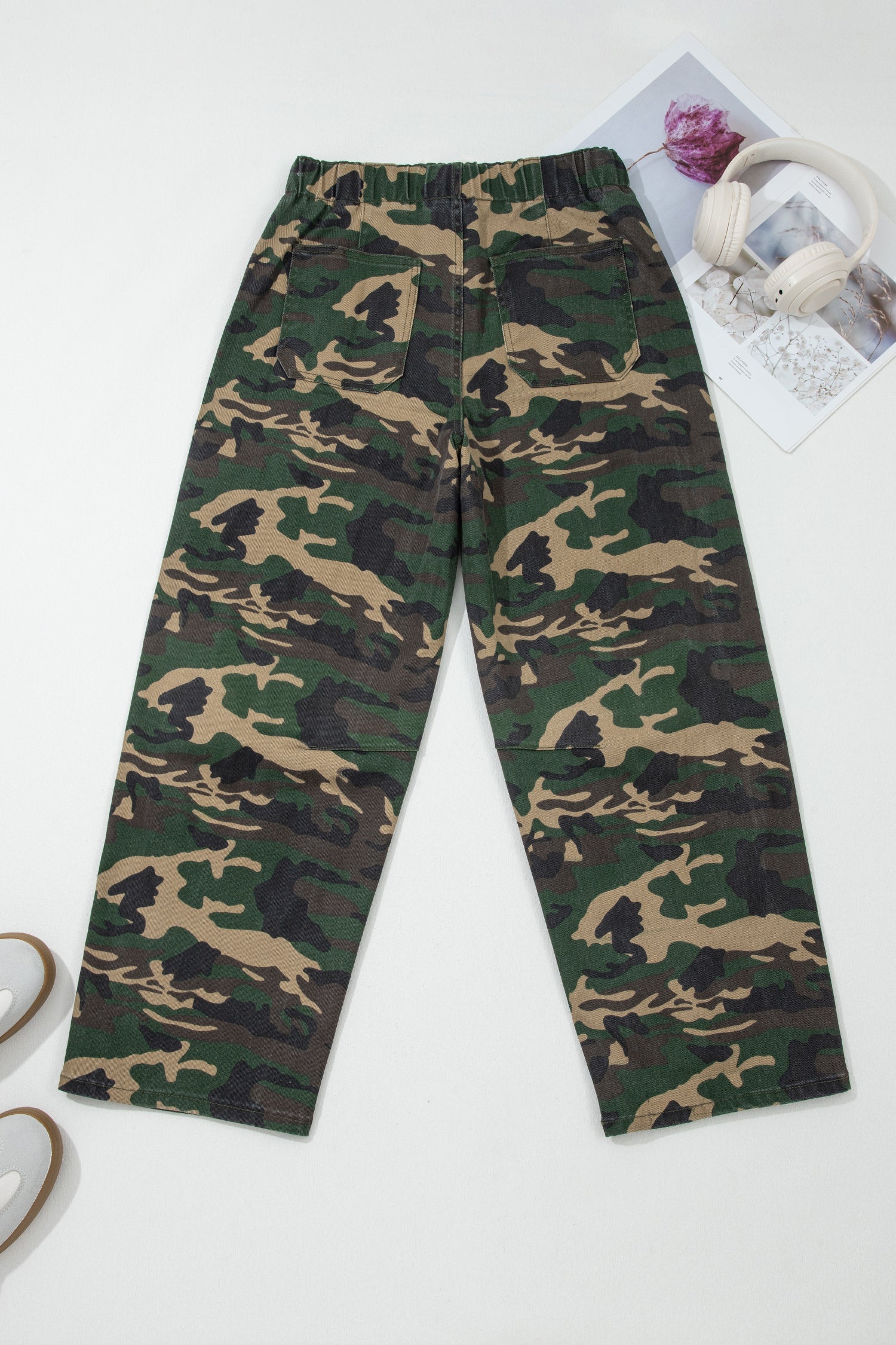 Barrel Drawstring Patch Pocket Print Camouflage Jeans