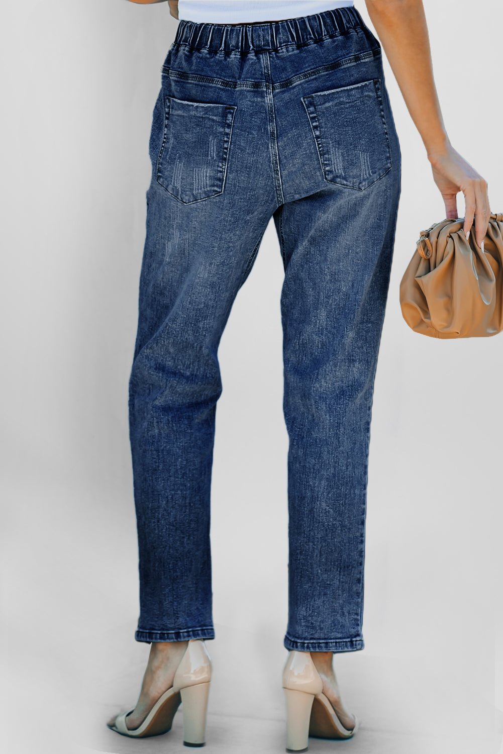 Pocketed Distressed Gather Round Jogger Jeans