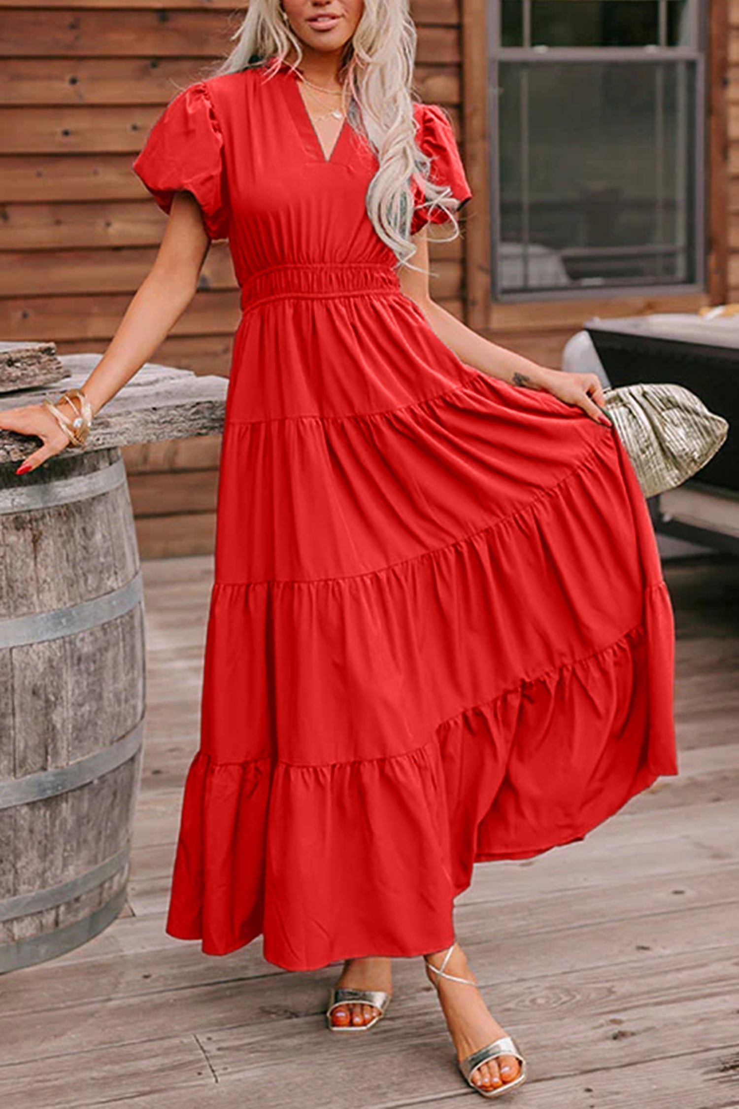 Coral Solid Color V Neck Short Puff Sleeve High