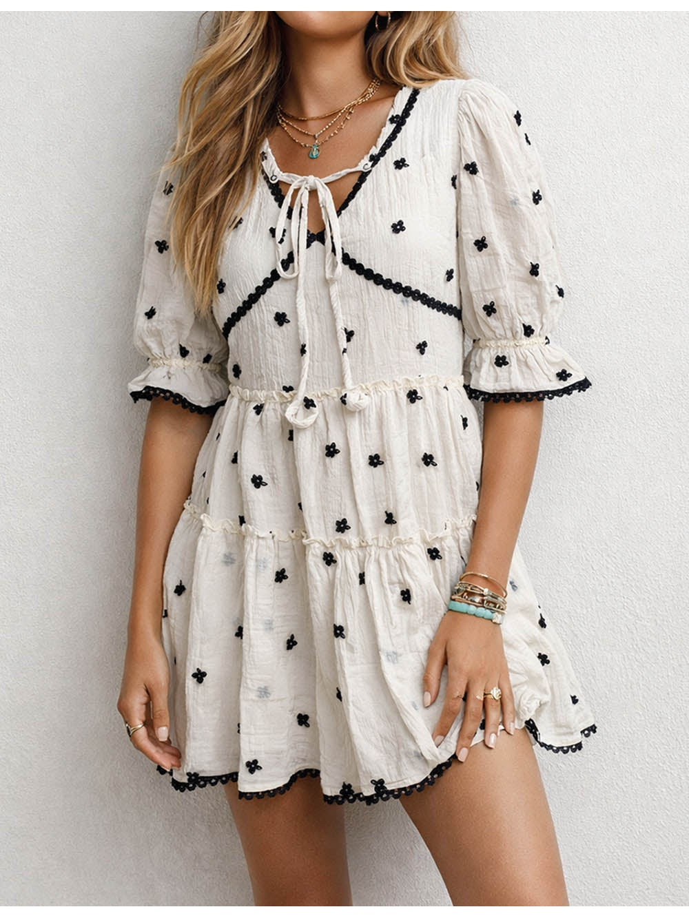 Boho Embroidery Front Tiered Hem Mini Dress