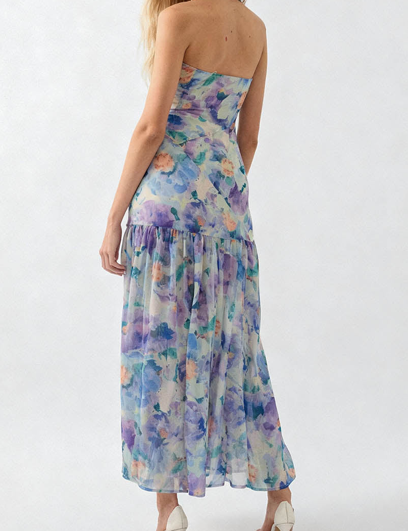 Strapless Watercolor Chiffon Side Slit Maxi Dress