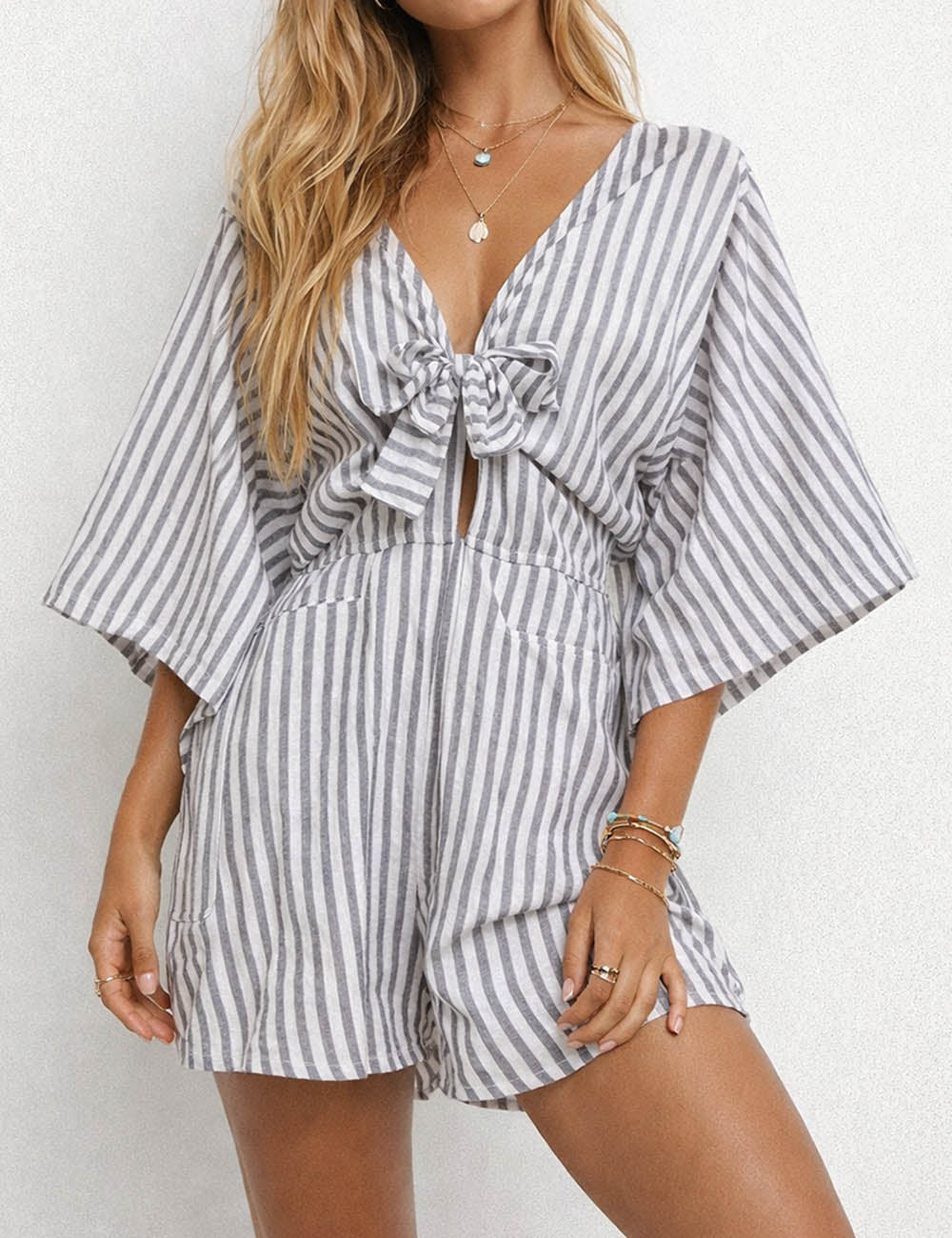 Chic V Neck Knot Kimono Sleeves Romper