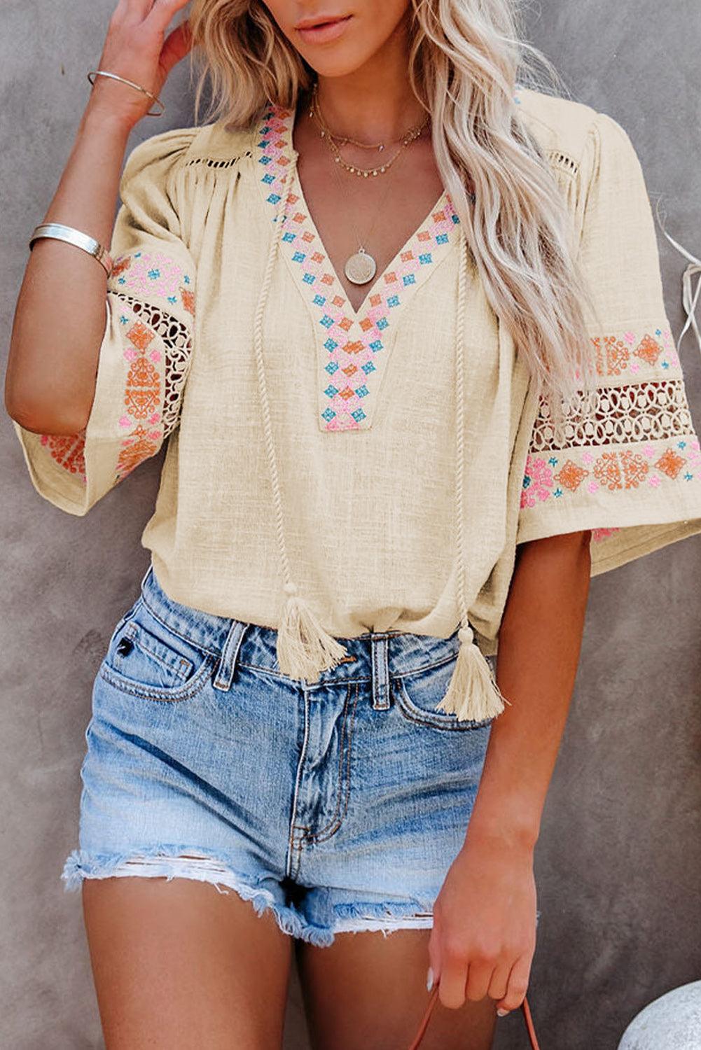 Beige Tassel Drawstring Embroidered Half