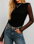 Mock Neck Fishnet Mesh Sheer Long Sleeves Bodysuit