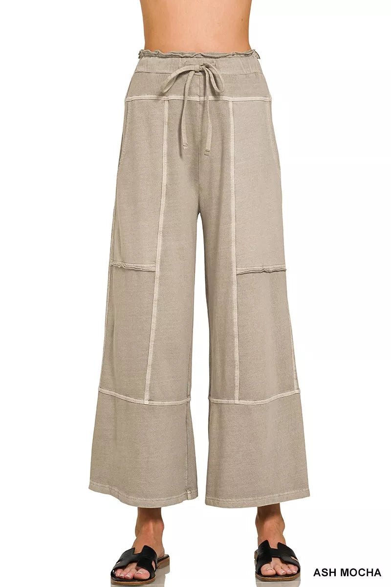 French Terry Washed Exposed Seam Wide Leg Pants