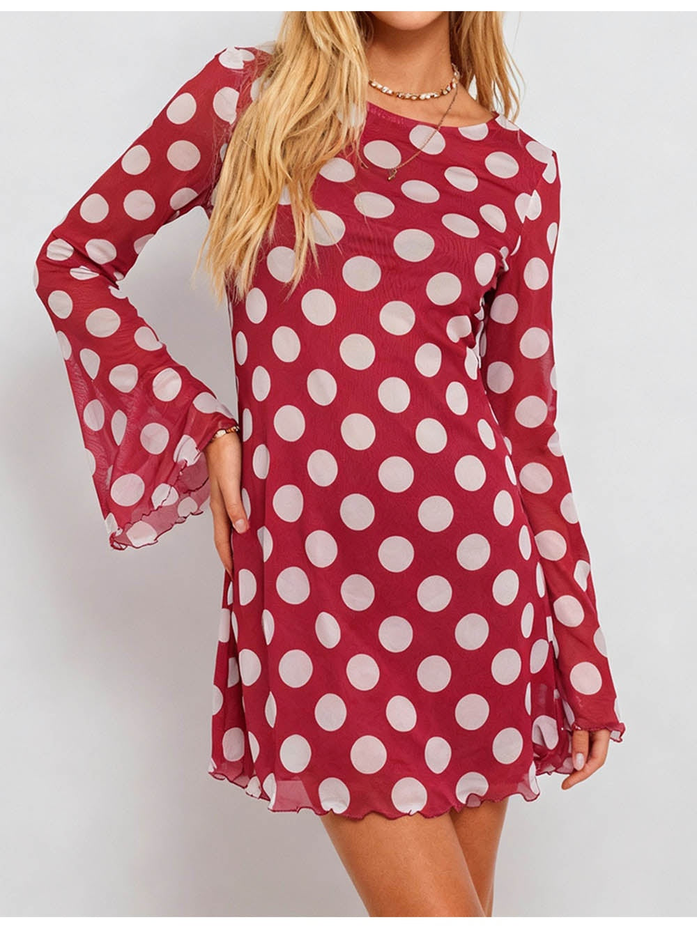 Polka Dot Open Back Flared Sleeves Mesh Mini Dress