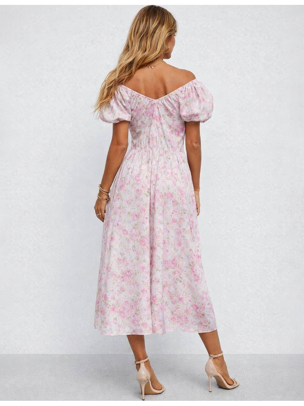 Romantic Puff Sleeves Drawstring Midi Dress