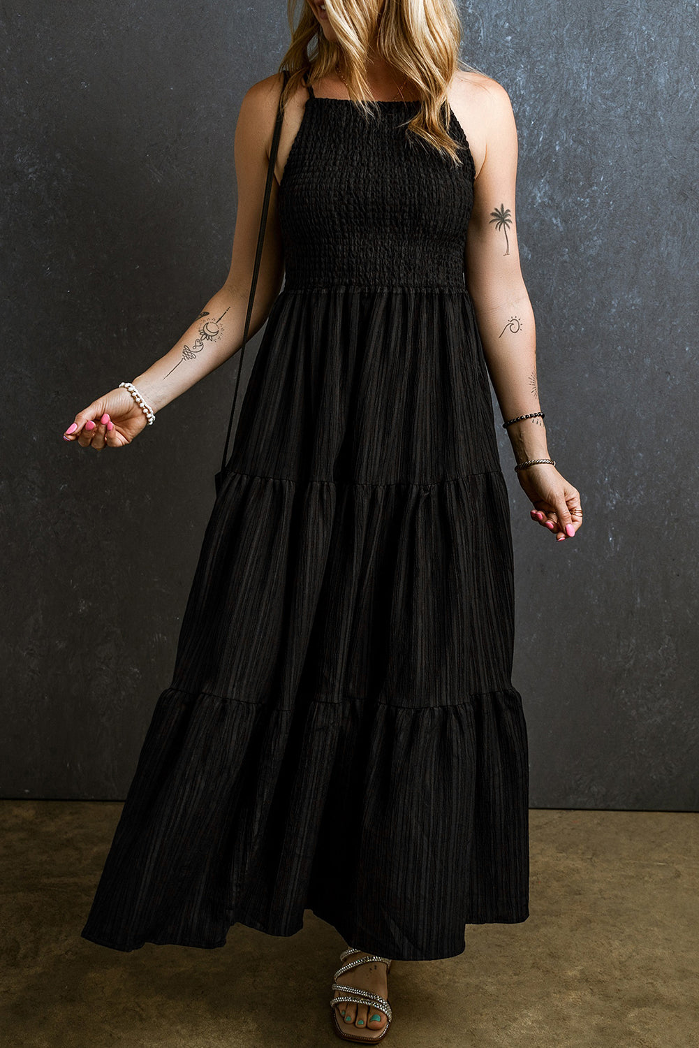 Spaghetti Straps Smocked Pleated Tiered Maxi Dress