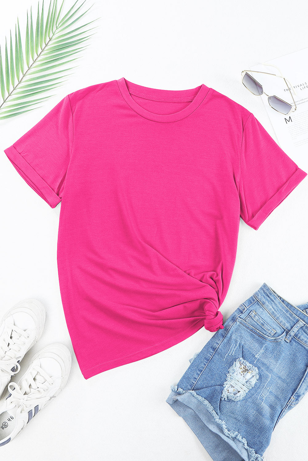 Rose Red Casual Plain Crew