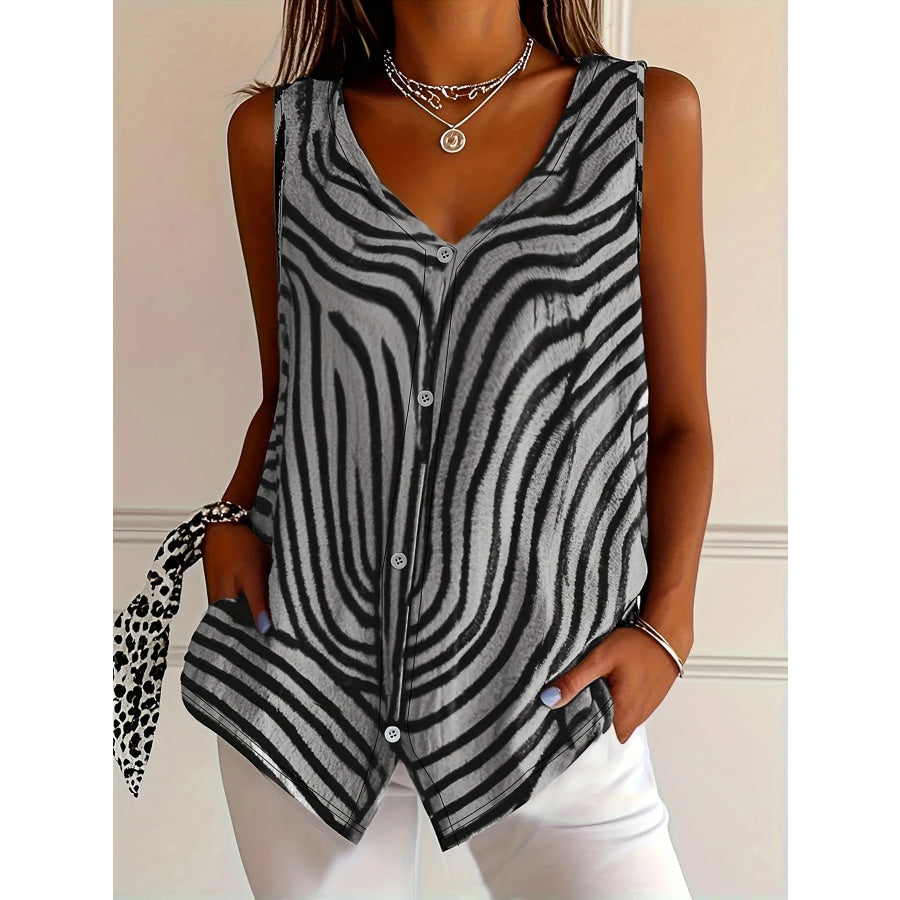Sleeveless Zebra Button Up Tank Top