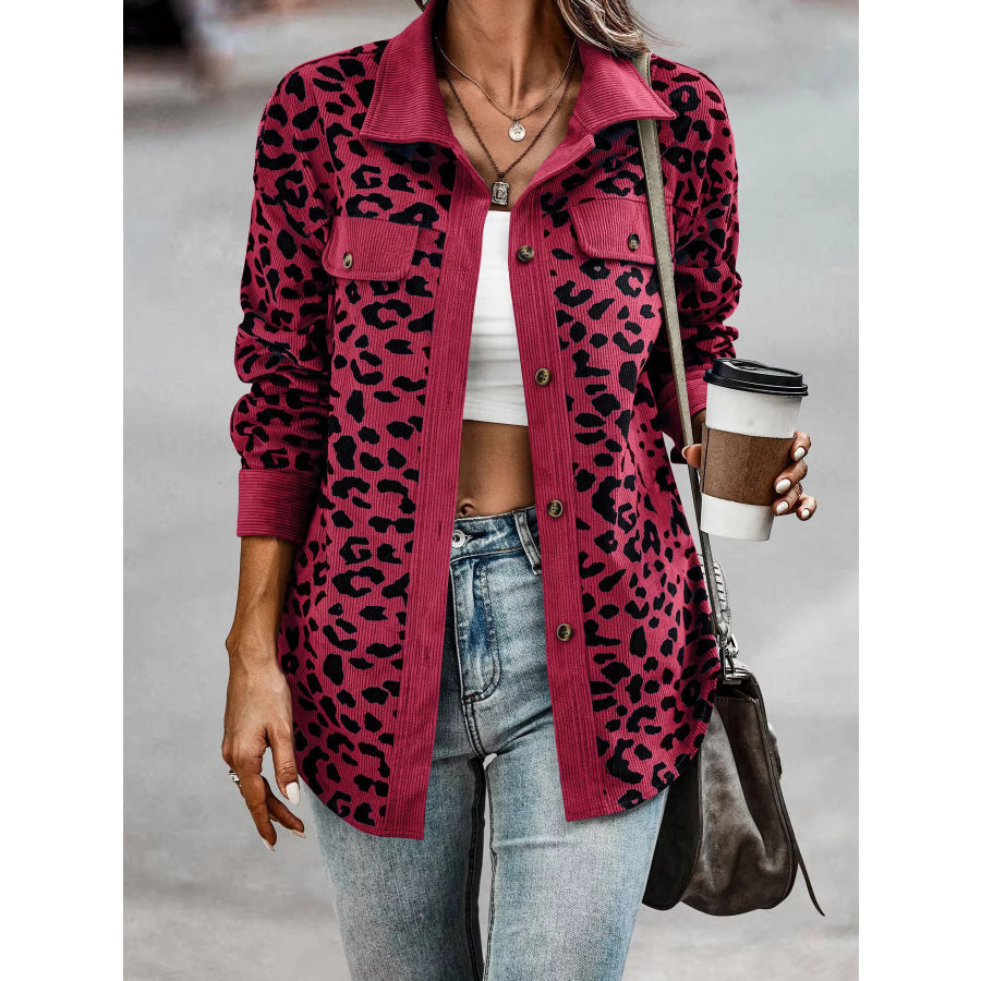 Full Size Leopard Print Button Down Jacket Plus Size