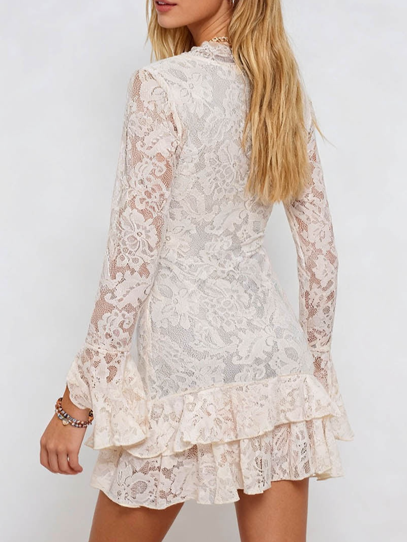 Lace Scalloped Trim V Neck Tiered Ruffle Mini Dress