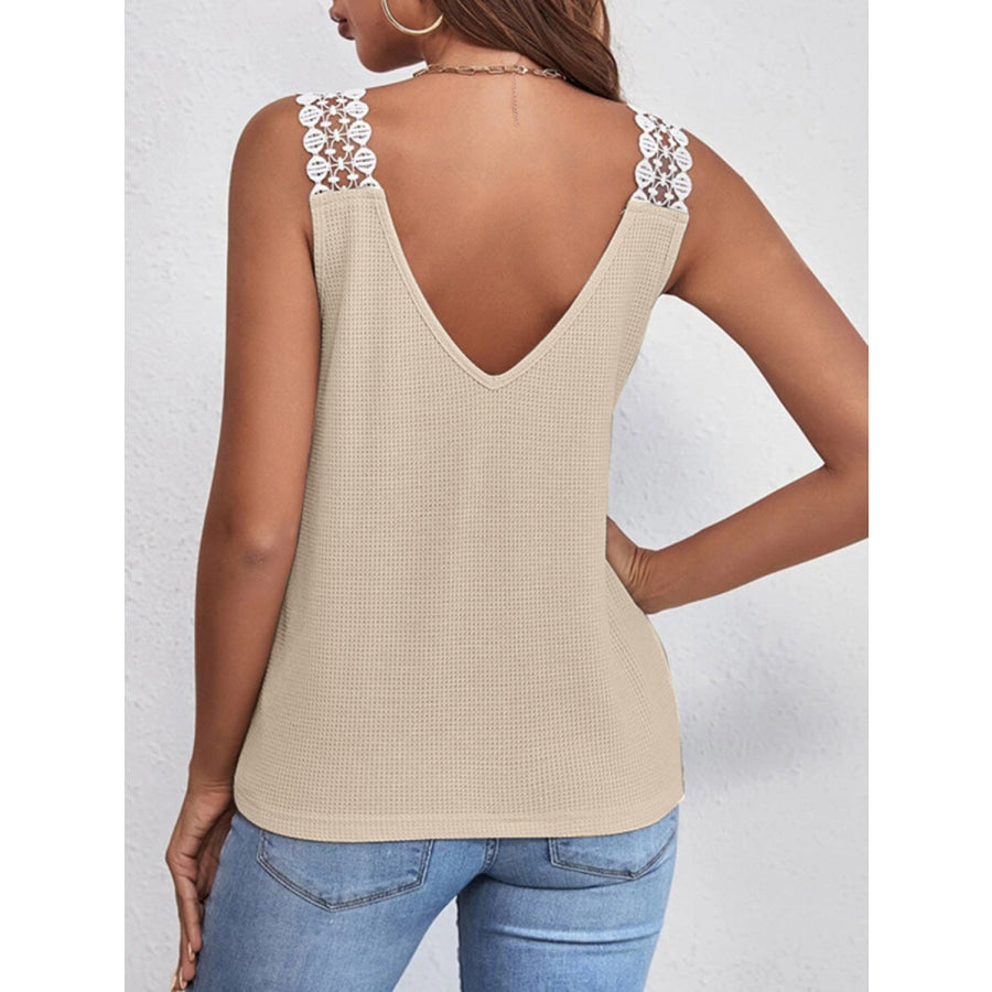 Lace Detail Waffle Knit V Neck Tank