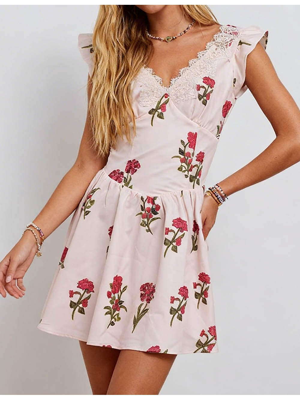 Romantic Lace Trim V Neck Mini Dress