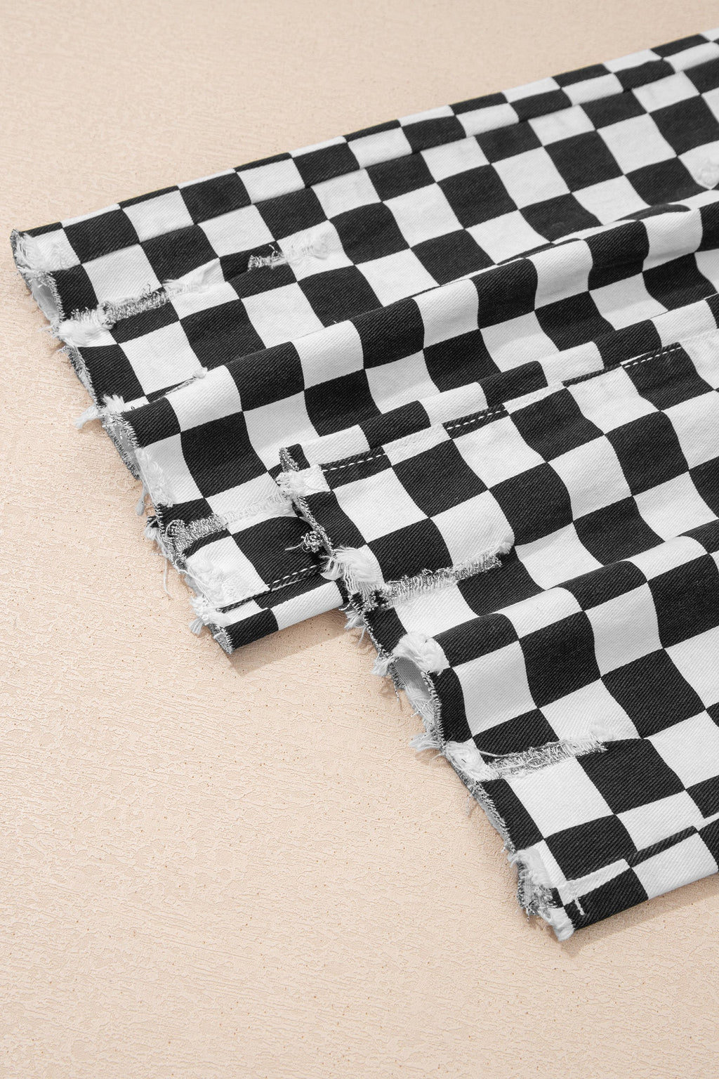 Print Cropped Distressed Checkerboard Holes Raw Jeans